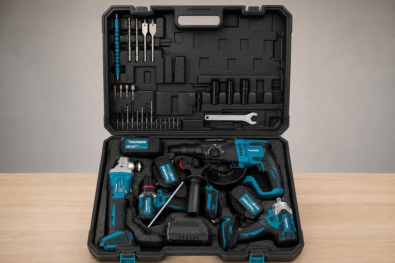 Coffret Pro Hammer ouvert : perforateur, meuleuse, perceuse-visseuse, clé à chocs, batteries et accessoires